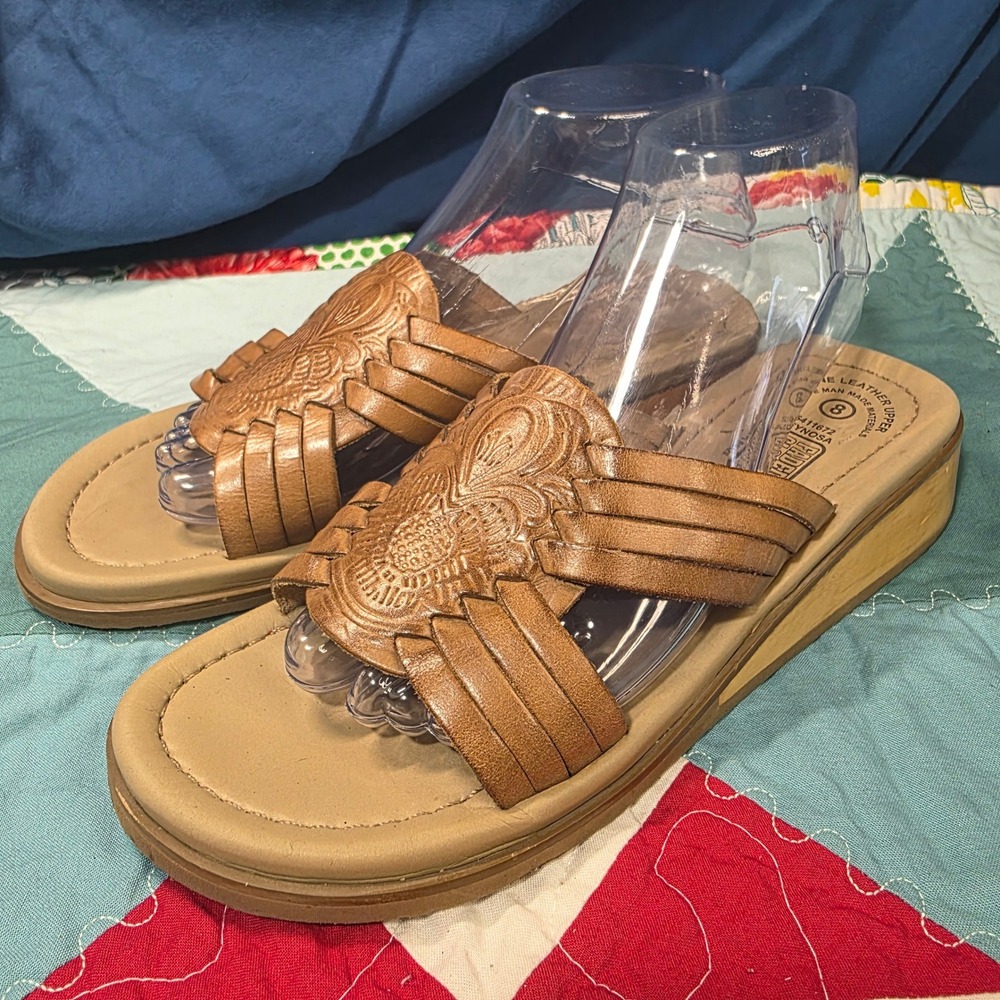 Faded Glory Slide Sandals Women 8 Tan Leather Tooled Floral Wedge Reynosa Brazil
